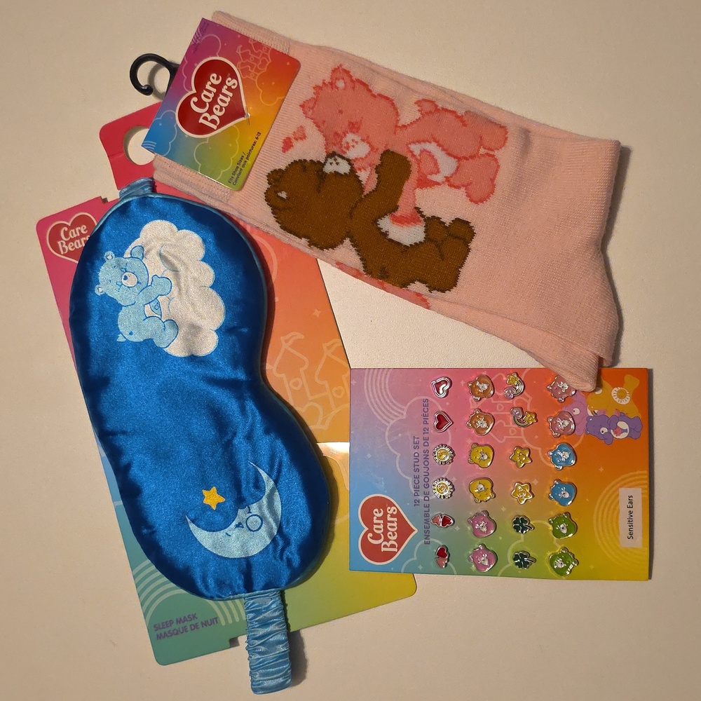 Care Bears Set - Blue Sleep Mask, Pink Socks and 12 Pairs Of Earrings - NWT
